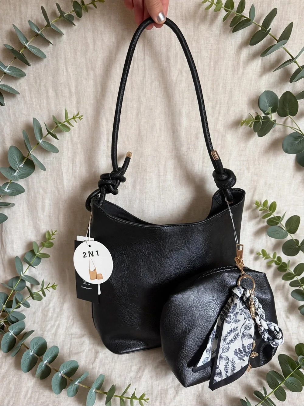 Black Women's Hobo Shoulder Bag with Decorative Scarf and Charm Accent